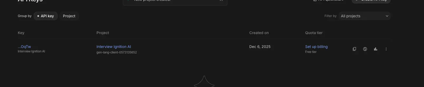 Google AI Studio API Keys dashboard