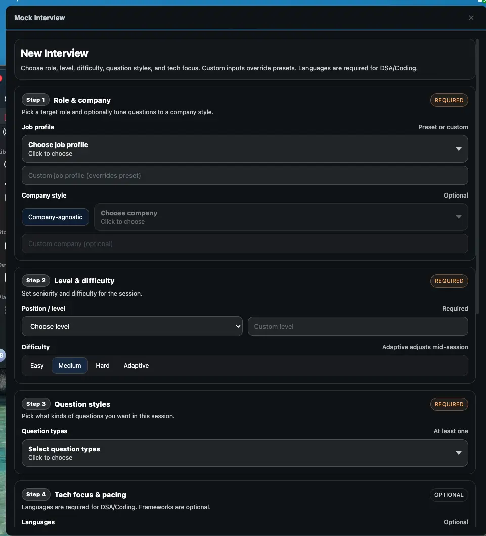 Mock Interview setup screen